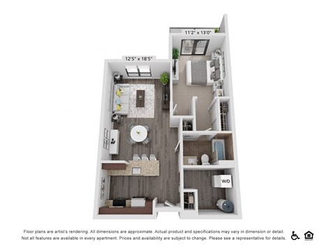Floor plan for 1 bed, 1 bath, 745 sqft